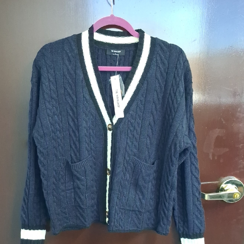 Workshop Republic Clothing Dark Blue Cable Knit Cardigan